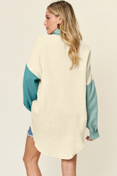 Double Take Full Size Pocketed Texture Button Up Shirt OutfitFlow